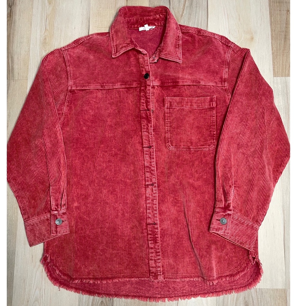La Miel Red Corduroy Shacket Raw Hem Button Down Shirt Jacket JKT1720 Small